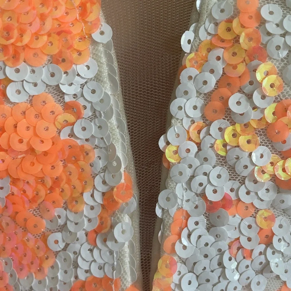 Jovani Coral & White Sequin Floral Prom Dress style 08257 - Picture 5 of 15